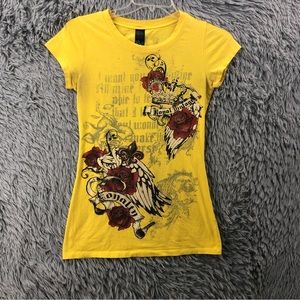 R23 Womens Medium Royal Vintage Crown Roses Fleur De Lis Yellow Tshirt
